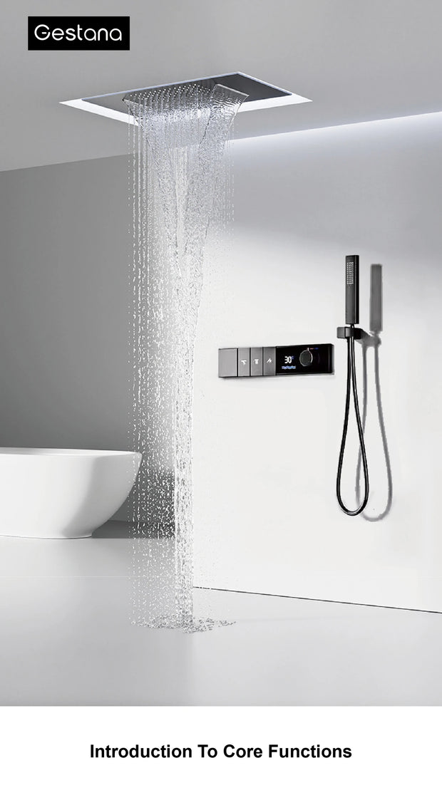 Luxury Brass Gun Grey Thermostatic LED Digital Display 3 Spray Modes Shower System.Ceiling-Embedded Waterfall Outlet Bath Mixer