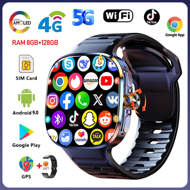 8GB+128GB RAM 5G/4G Android 9.0 Smart Watch 2.4 inch AMOLED 2100mah Battery 1000W Camera GPS WIFI Google APP Download Smartwatch