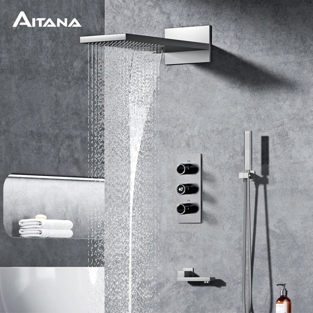 Bathroom Luxury Brass Gun Grey Built-in LED Display Thermostatic Shower System.Wall-Mounted Rainfall/Waterfall Spray Dual Outlet