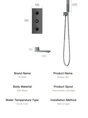 Bathroom Luxury Brass Gun Grey Built-in LED Display Thermostatic Shower System.Wall-Mounted Rainfall/Waterfall Spray Dual Outlet