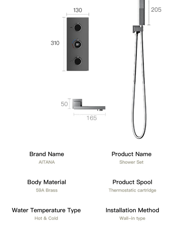 Bathroom Luxury Brass Gun Grey Built-in LED Display Thermostatic Shower System.Wall-Mounted Rainfall/Waterfall Spray Dual Outlet