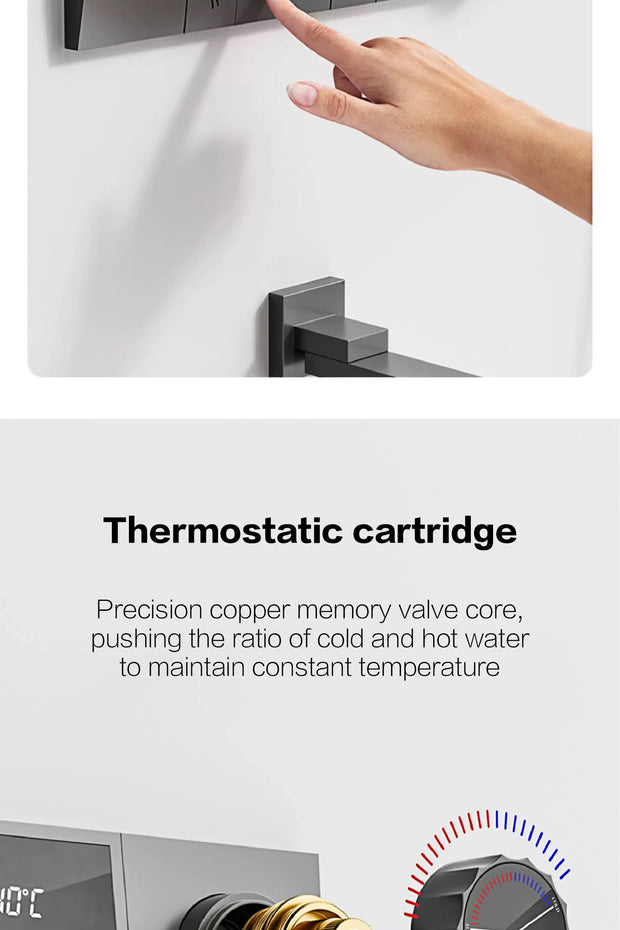 Luxury gun gray brass shower system intelligent LED digital display design, wall mounted dual control cold & hot 4-function Tap