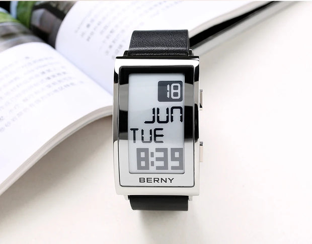 Electronic Digital Watch for Men Fitness Ink Wristwatch Stainless Steel Case Leather Strap 3ATM Waterproof Men Sport Watch Ink