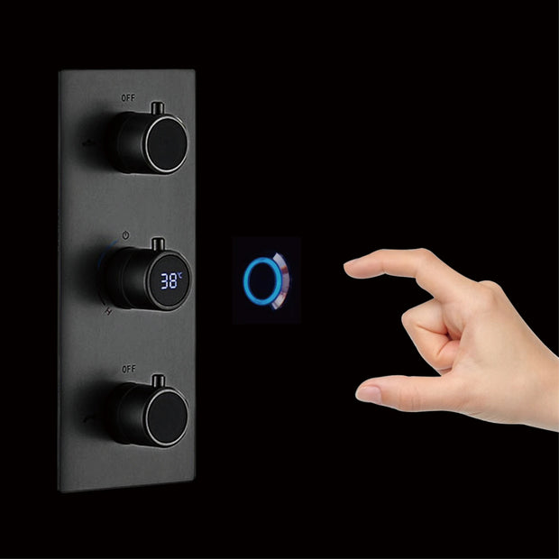 Bathroom Luxury Brass Gun Grey Built-in LED Display Thermostatic Shower System.Wall-Mounted Rainfall/Waterfall Spray Dual Outlet