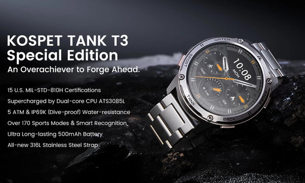2024 KOSPET TANK T3 Smart Watch For Men 500mAh 60Days Battery IP69K 5ATM Waterproof AMOLED Bluetooth Call Military Men's Watches