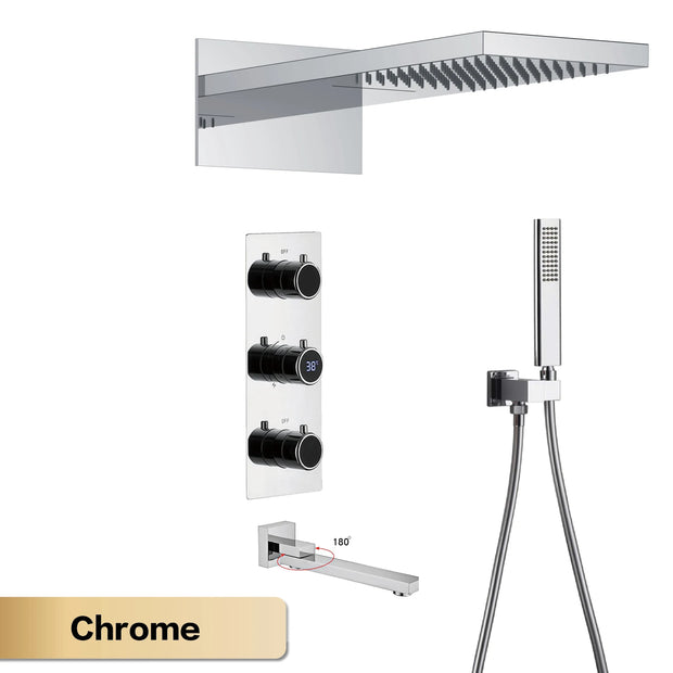 Bathroom Luxury Brass Gun Grey Built-in LED Display Thermostatic Shower System.Wall-Mounted Rainfall/Waterfall Spray Dual Outlet