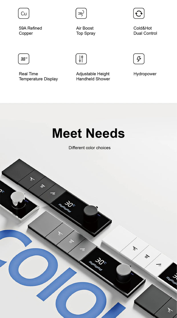 Luxury Brass Gun Grey Thermostatic LED Digital Display 3 Spray Modes Shower System.Ceiling-Embedded Waterfall Outlet Bath Mixer