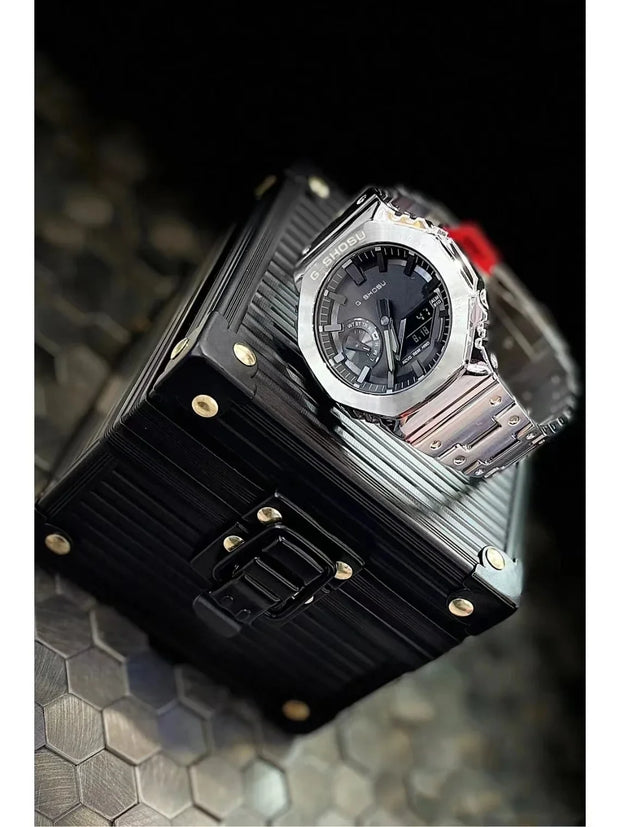 Digital Sports Electronic Unisex Watch Full Function LED Alloy Large Dial World Time Steel Strap GMB Oak Series