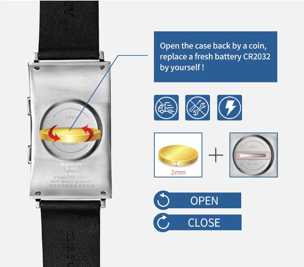 Electronic Digital Watch for Men Fitness Ink Wristwatch Stainless Steel Case Leather Strap 3ATM Waterproof Men Sport Watch Ink