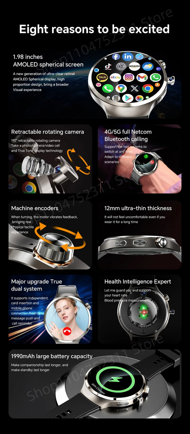 New Android 13.0 Dual System Smartwatch 4G Wifi GPS Smart Watch 210° Rotary Camera Heart rate Blood pressure Sim Card Gobal Call