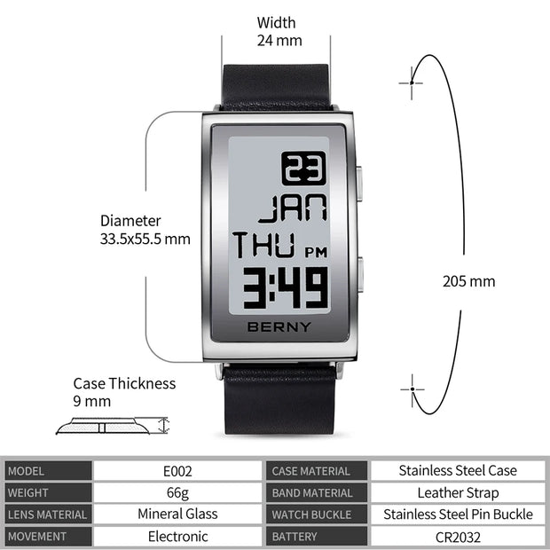 Electronic Digital Watch for Men Fitness Ink Wristwatch Stainless Steel Case Leather Strap 3ATM Waterproof Men Sport Watch Ink