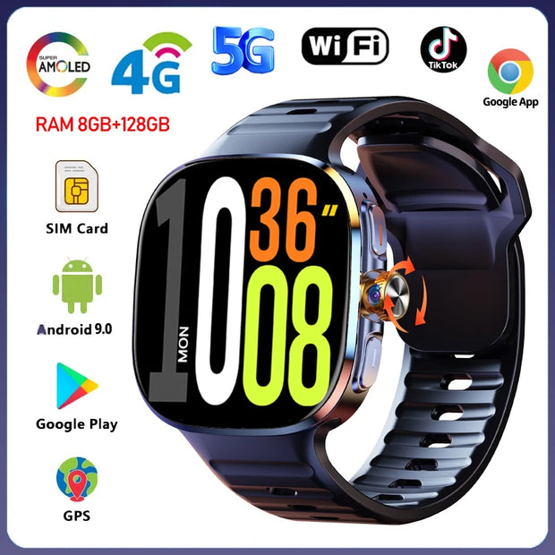 8GB+128GB RAM 5G/4G Android 9.0 Smart Watch 2.4 inch AMOLED 2100mah Battery 1000W Camera GPS WIFI Google APP Download Smartwatch