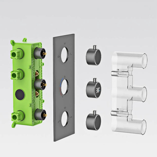 Bathroom Luxury Brass Gun Grey Built-in LED Display Thermostatic Shower System.Wall-Mounted Rainfall/Waterfall Spray Dual Outlet