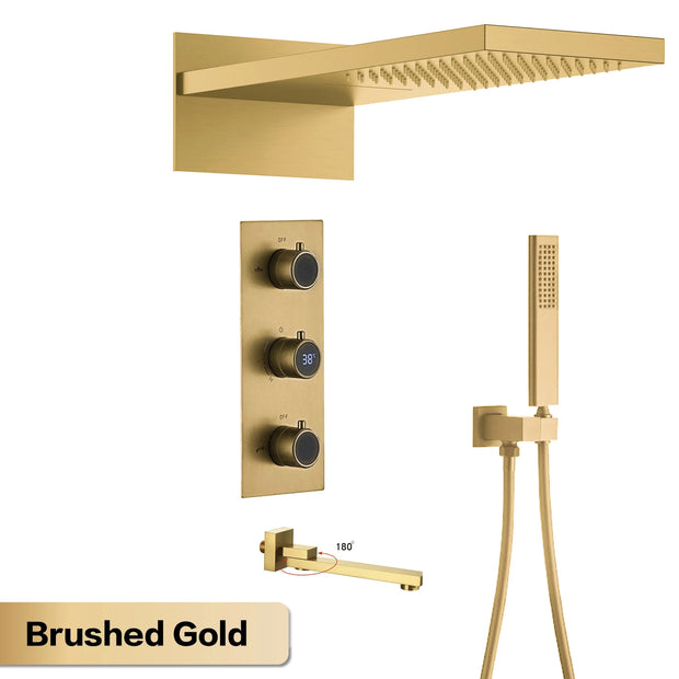 Bathroom Luxury Brass Gun Grey Built-in LED Display Thermostatic Shower System.Wall-Mounted Rainfall/Waterfall Spray Dual Outlet