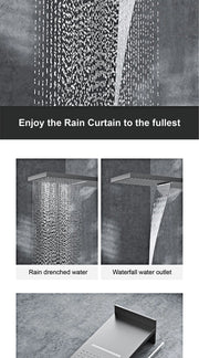 Bathroom Luxury Brass Gun Grey Built-in LED Display Thermostatic Shower System.Wall-Mounted Rainfall/Waterfall Spray Dual Outlet