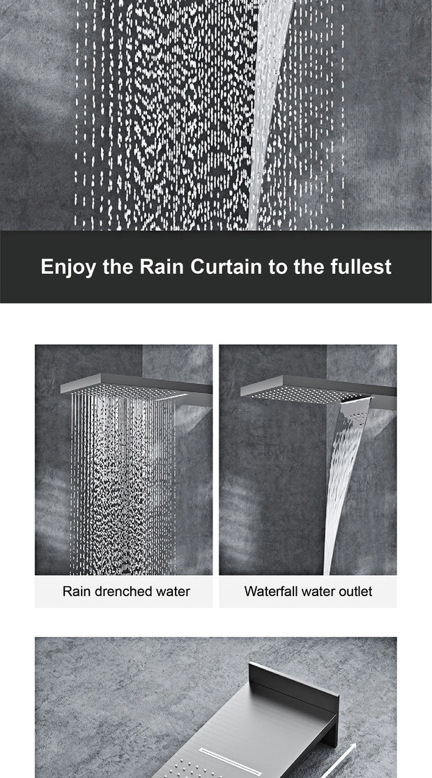 Bathroom Luxury Brass Gun Grey Built-in LED Display Thermostatic Shower System.Wall-Mounted Rainfall/Waterfall Spray Dual Outlet