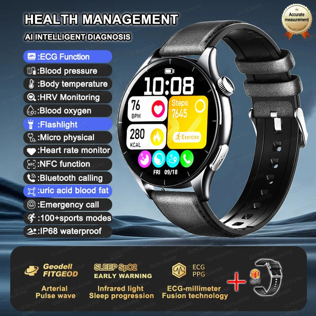 2025 New Health Analysis ECG+PPG Smart Watch Body Fat Uric Acid Blood Pressure Heart Rate Tracker NFC Smartwatch For Android IOS