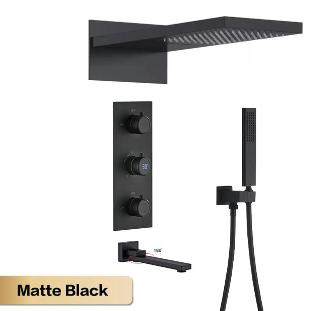 Bathroom Luxury Brass Gun Grey Built-in LED Display Thermostatic Shower System.Wall-Mounted Rainfall/Waterfall Spray Dual Outlet