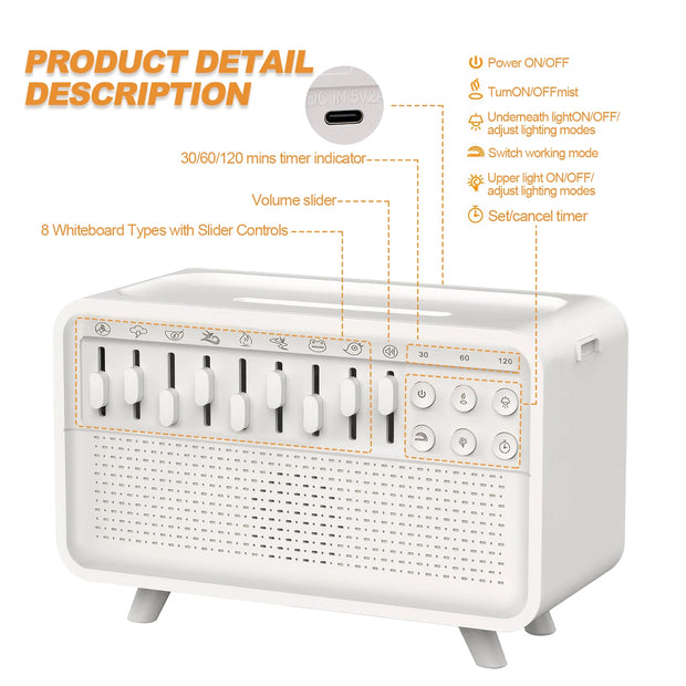 LED White Noise Speaker with 8 Nature Sounds Portable BT Speaker Rechargeable Aroma Diffuser Night Light for Home Creative Gift